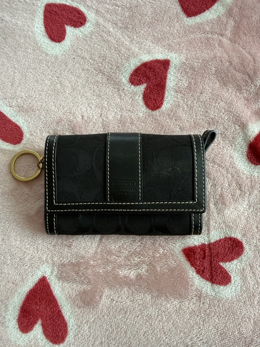 Coach Black Signature Canvas Key Case with Gold Ring